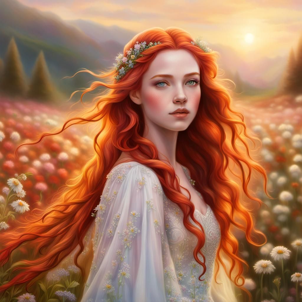 Goddess in Flower Field, Kinkade-Inspired Oil Painting