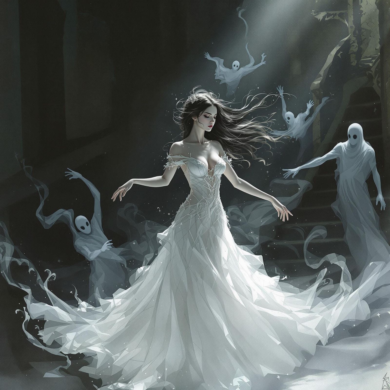 Ethereal Woman Dancing in Haunted Ballroom, Ghostly Art