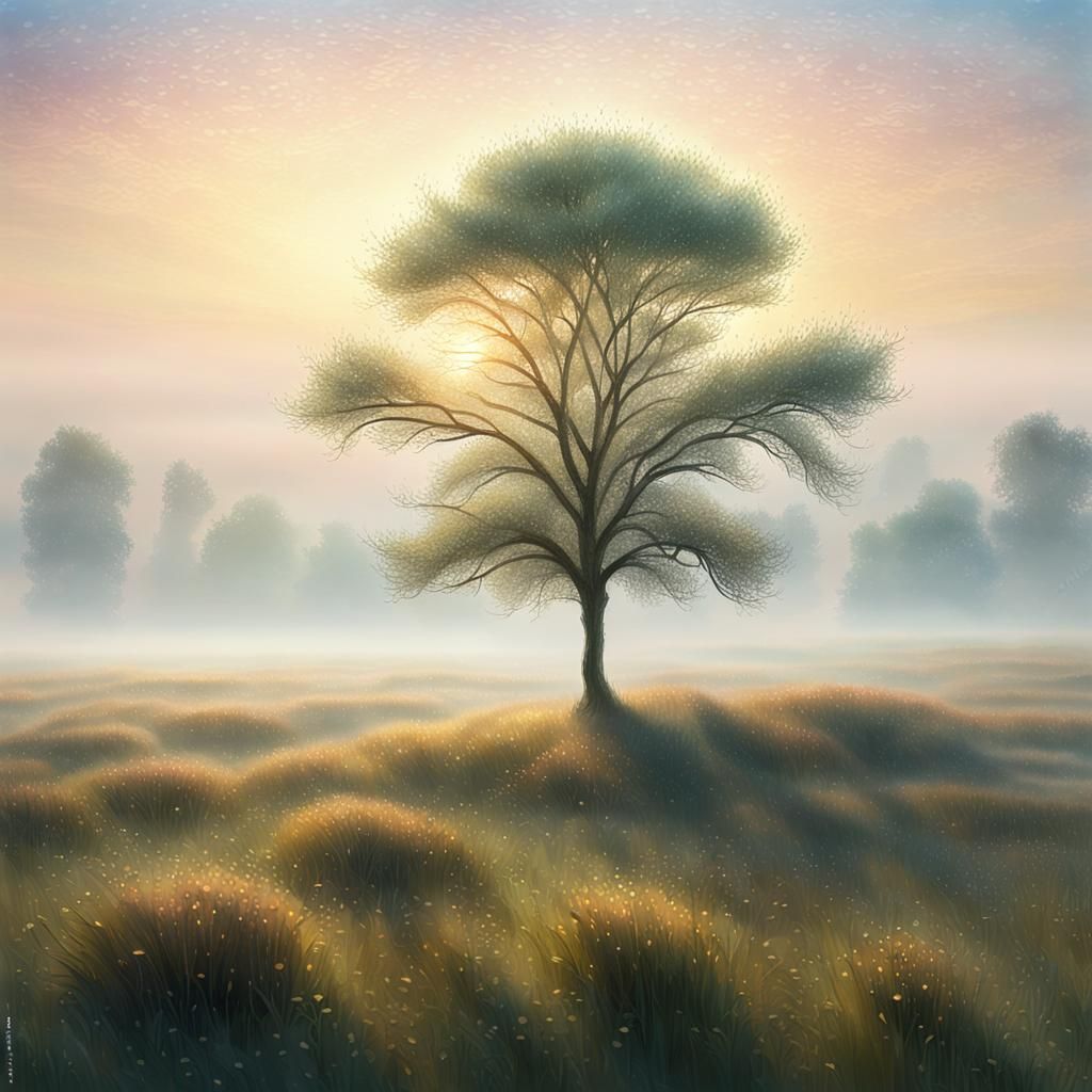 Misty Dawn: Impressionist Tree in Golden Light