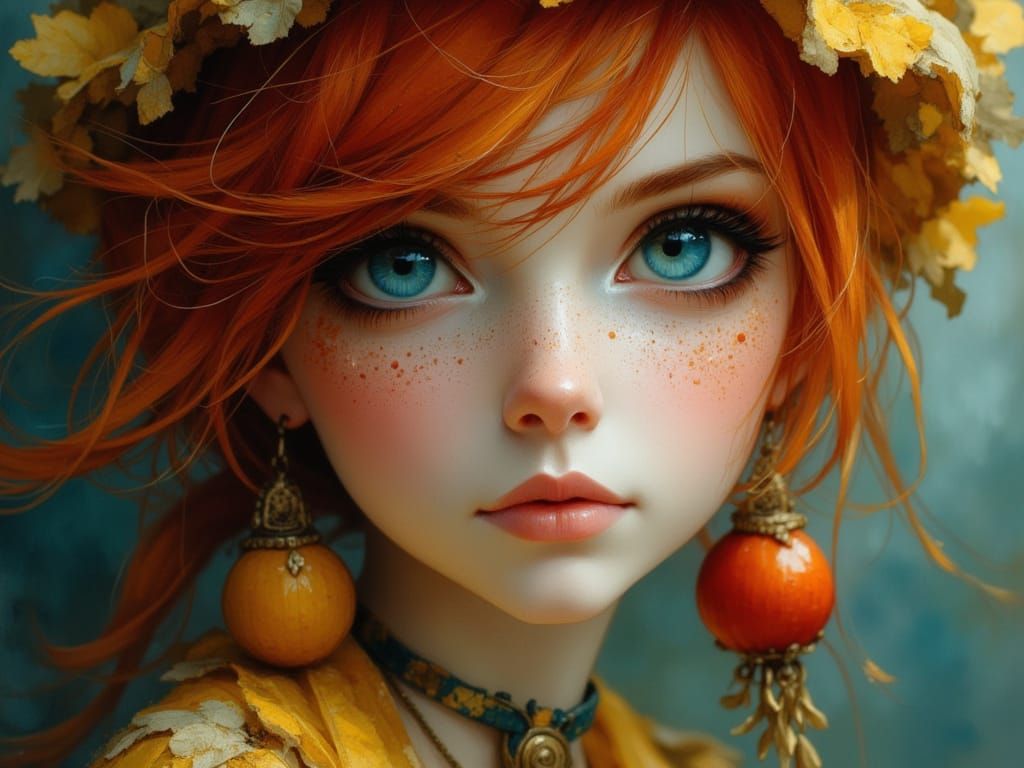 Ethereal Gypsy Punk with Wild Red Hair and Huge Eyes