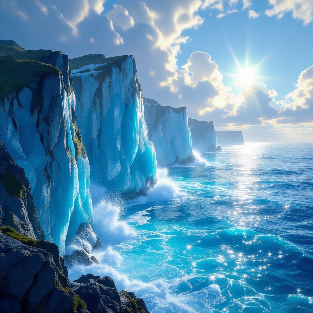 Sapphire Crystal Cliffs Above Sparkling Sea - Epic Fantasy L...