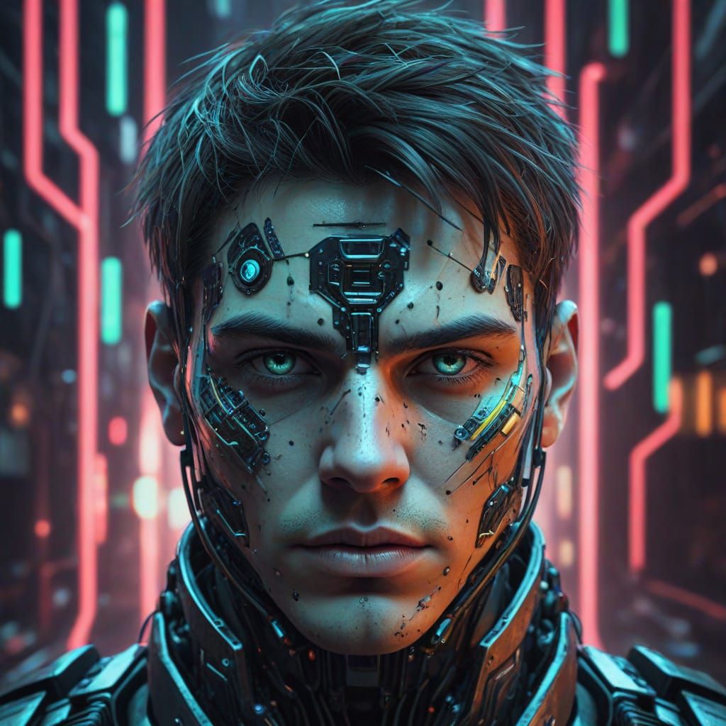 Futuristic Cyborg Warrior Portrait in Cyberpunk Style