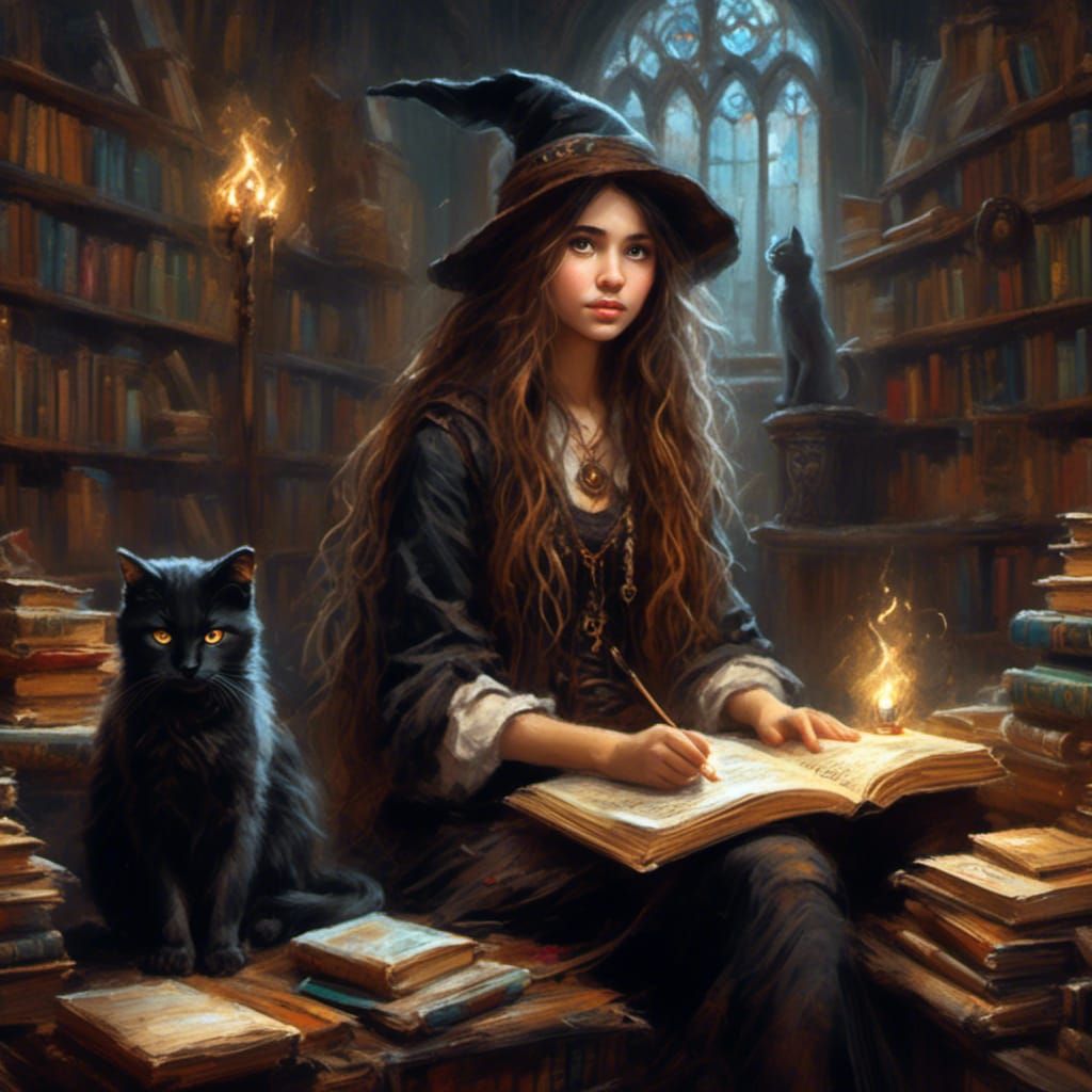 Girl Sorceress in Library, Stylized Watercolor