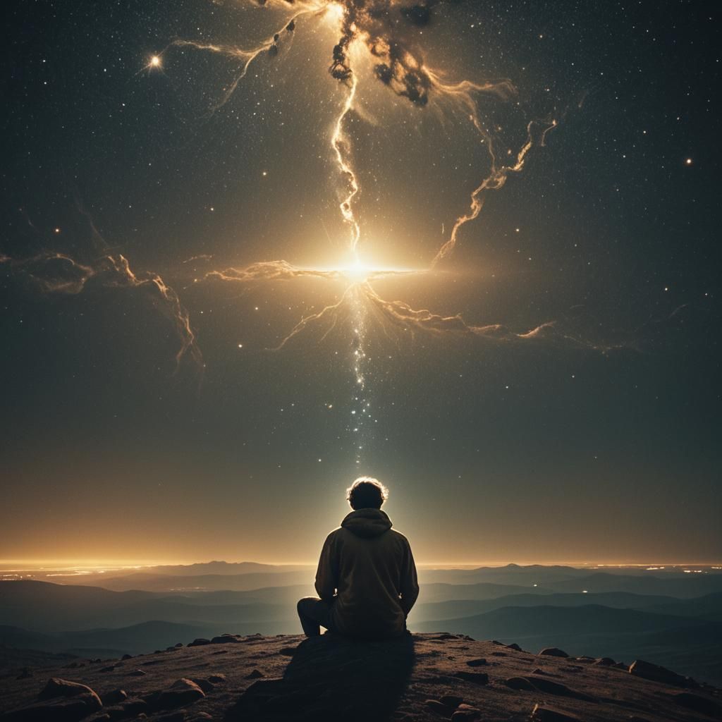 Lonely Man at Universe Edge in Cinematic Style