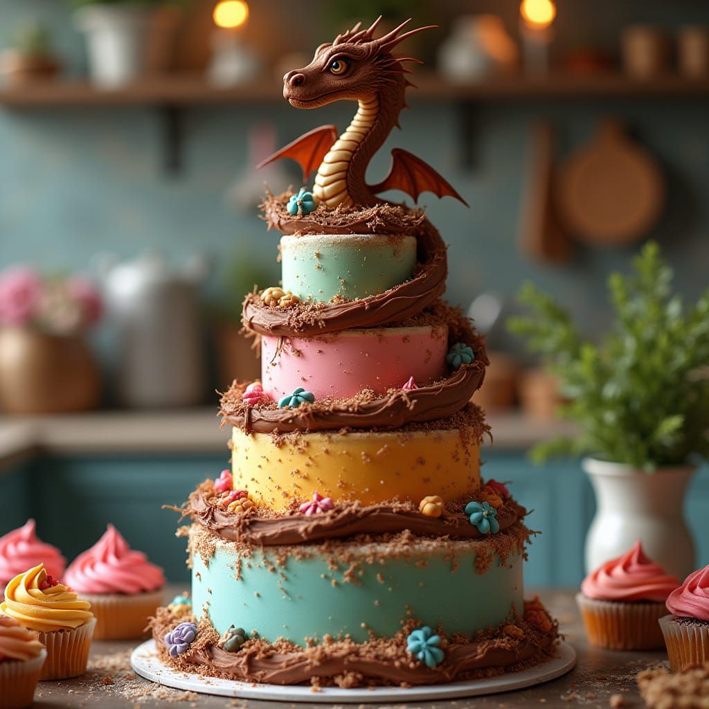 Vibrant Birthday Cake with Realistic Serpentine Dragon