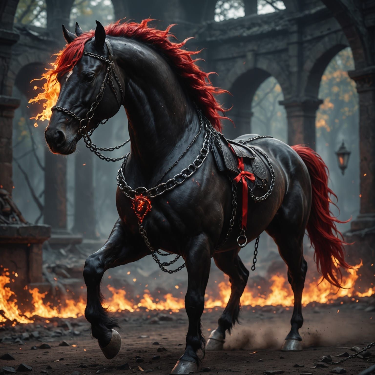 Majestic Black Stallion in Fiery Chains and Velvet Ribbon