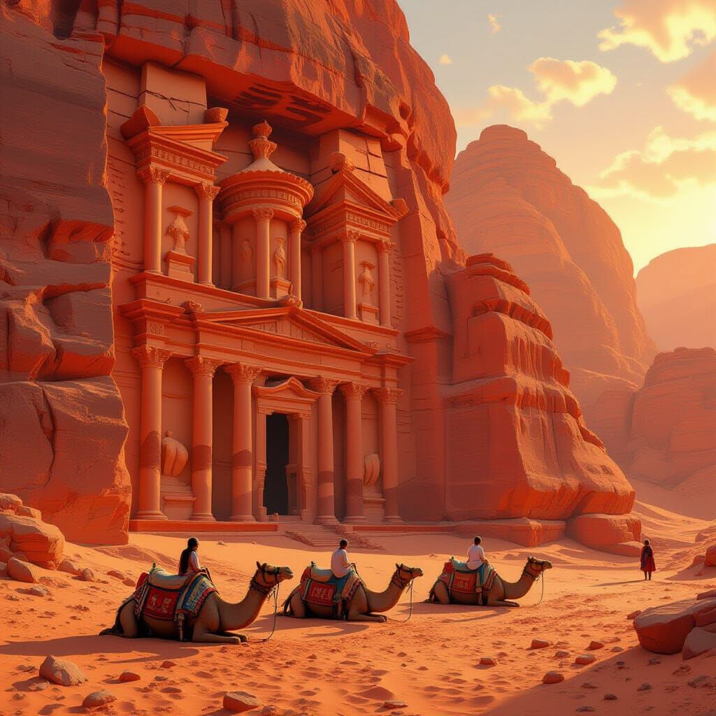 Petra's Rose-Red Facade in Warm Sunlight