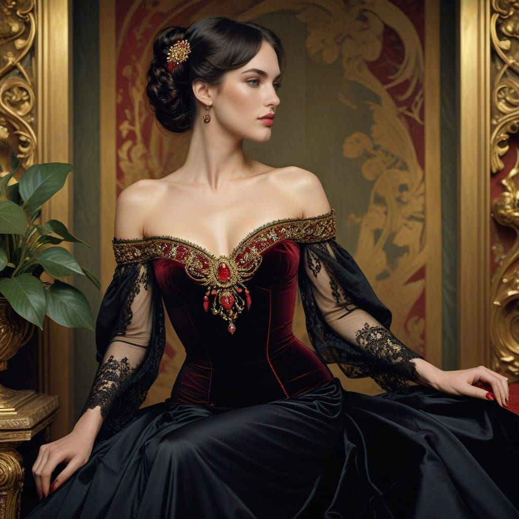 A tall, slender woman in a Belle Époque gown of deep black velvet and dark red silk, flowing gracefully with intricate l...