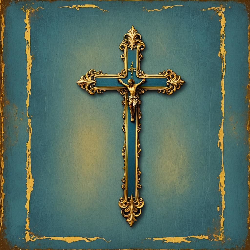 Antique Yellow Cross on Blue and Gold Banner
