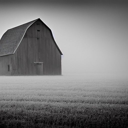 Old Barn in Foggy Field: Moody Morning Scene