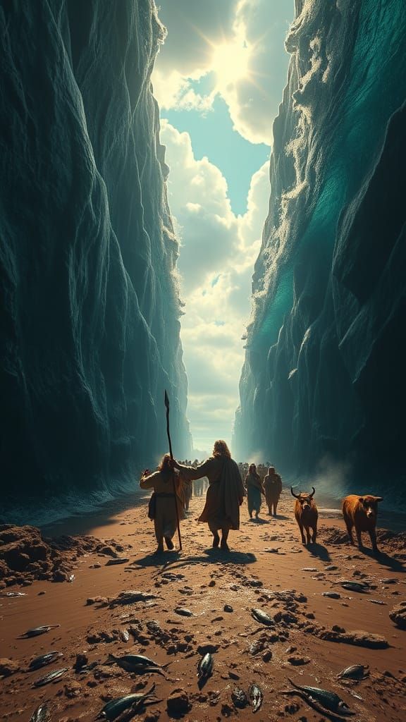 Moses Parting the Sea: Hyper-Realistic Cinematic Scene