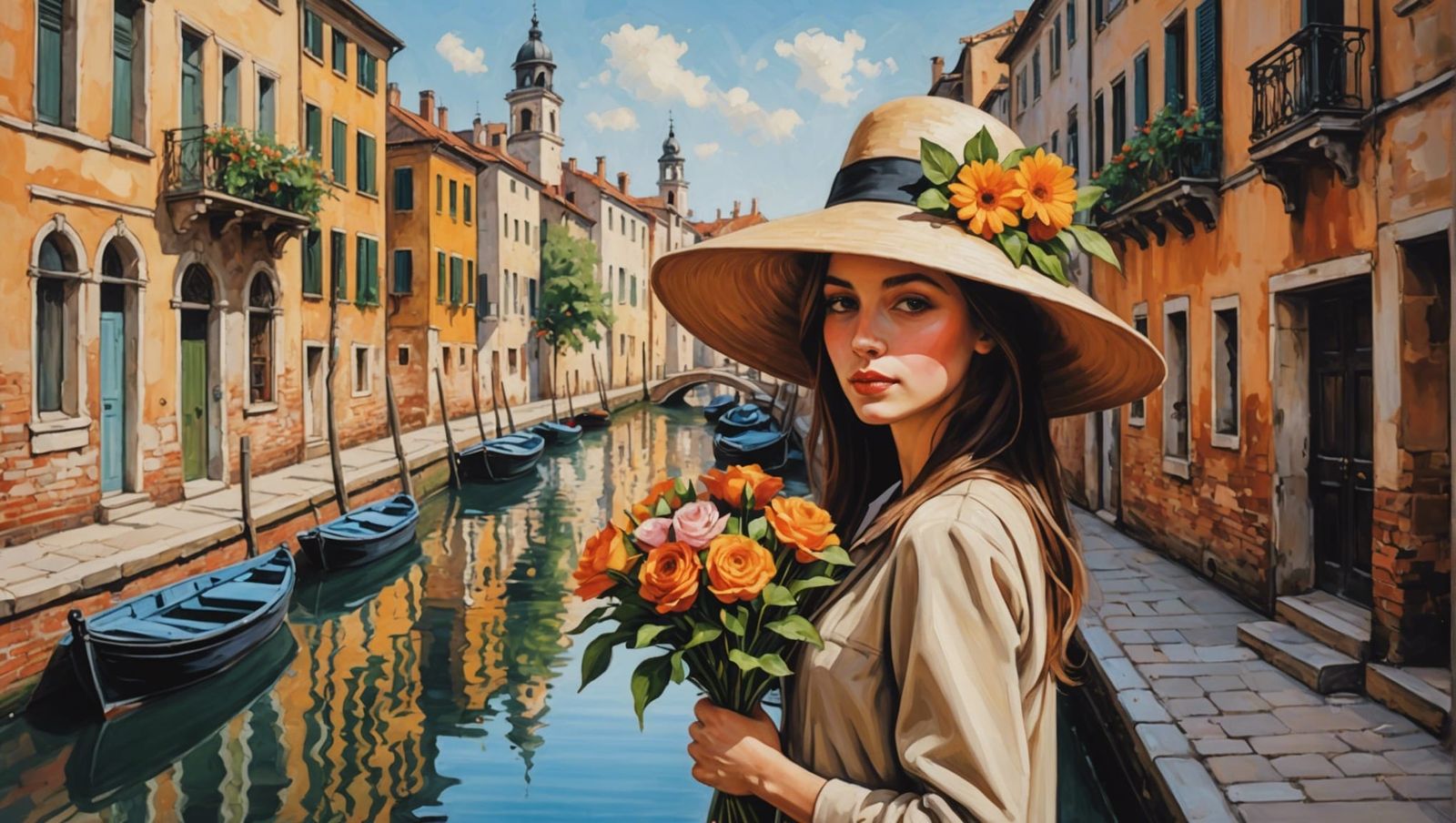 Expressionistic Painting of Woman with Flowers on City Stree...