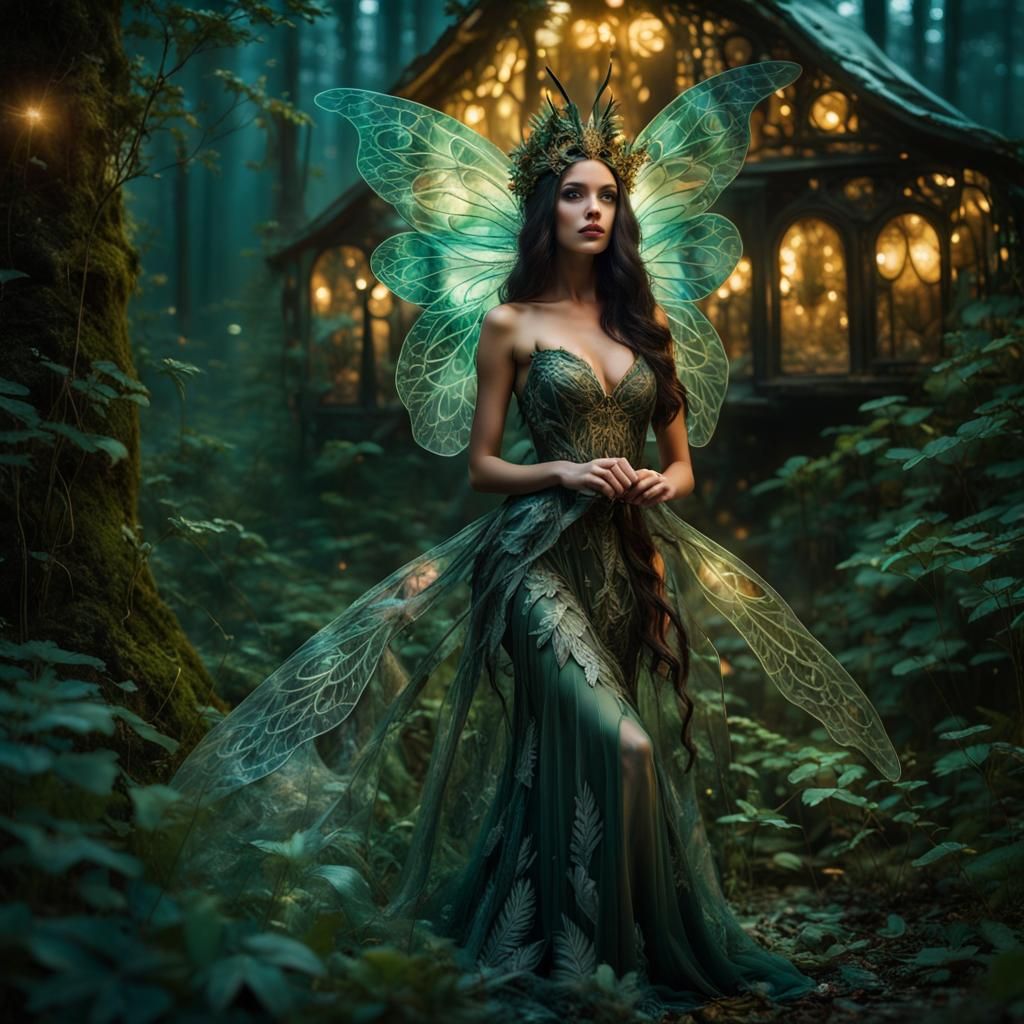 Woman with Iridescent Moth Wings in Twinkling Forest