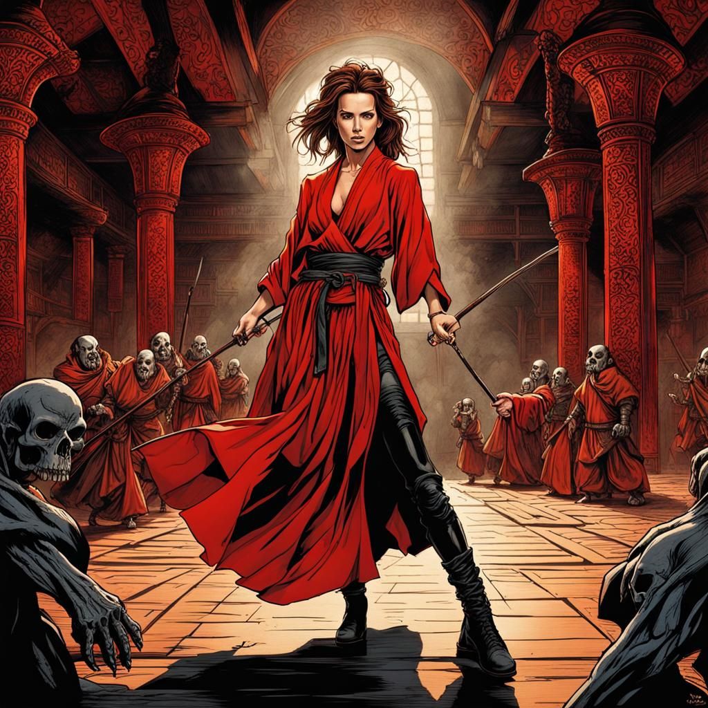 Monk Battles Orcs in Dungeon: Pen and Ink Art