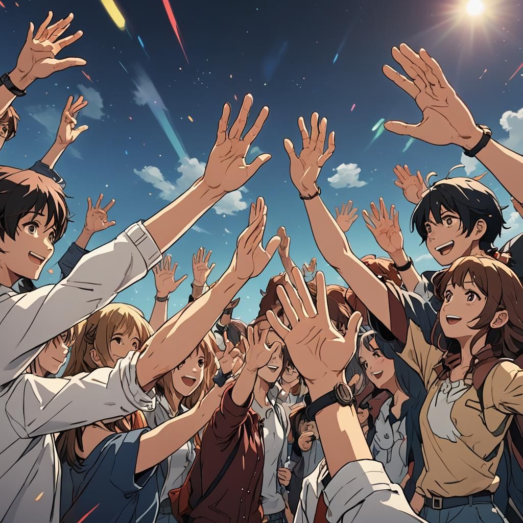 Anime Friends High-Fiving in Cel-Shaded Style