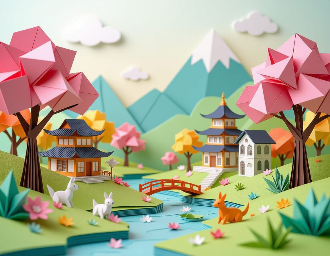 Vibrant Origami Landscape Inspired by Studio Ghibli