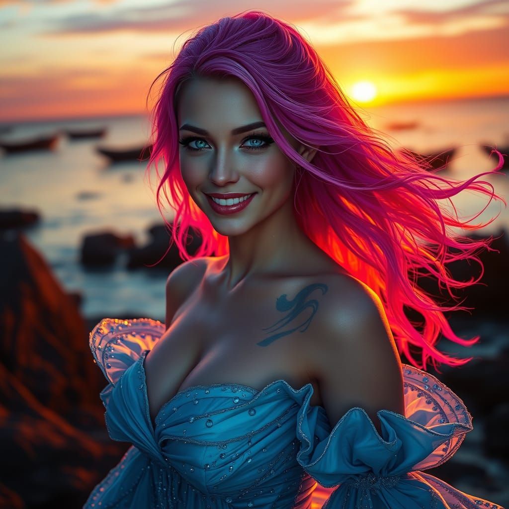 Pink Haired Woman in Water Gown at Sunset