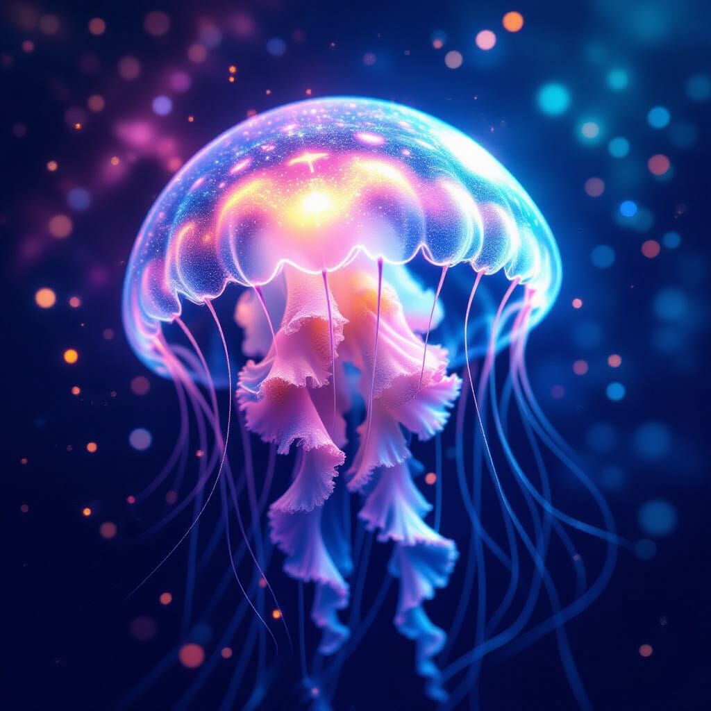 Chrome Jellyfish Drifting Through Nebula in Digital Art