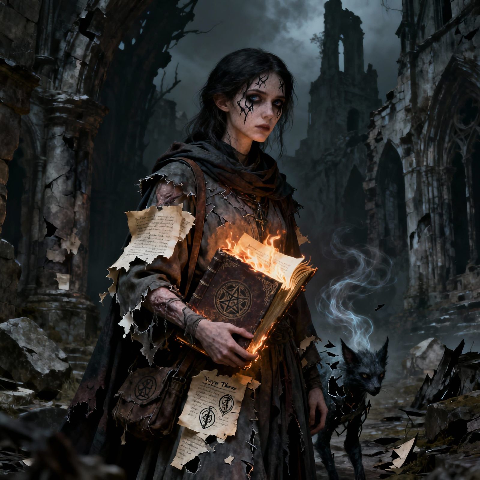 Gothic Warlock Veyra Thorne in Ruined Fantasy Realm