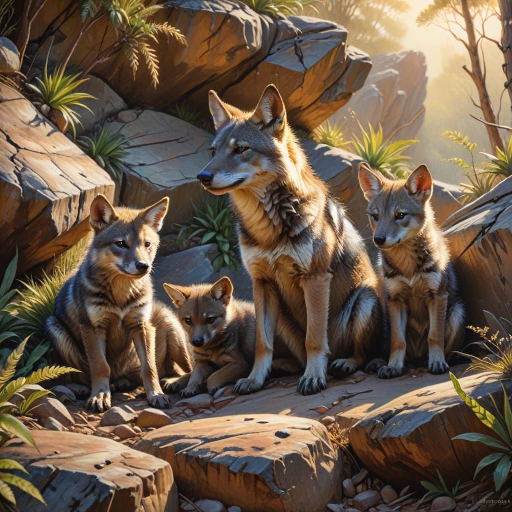 Tasmanian Wolf Family in Oil Painting Style