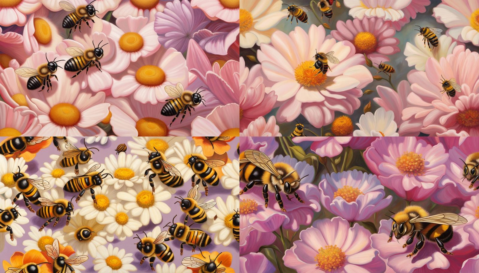 Kitten Bees Napping Among Flowers: An Oil Painting