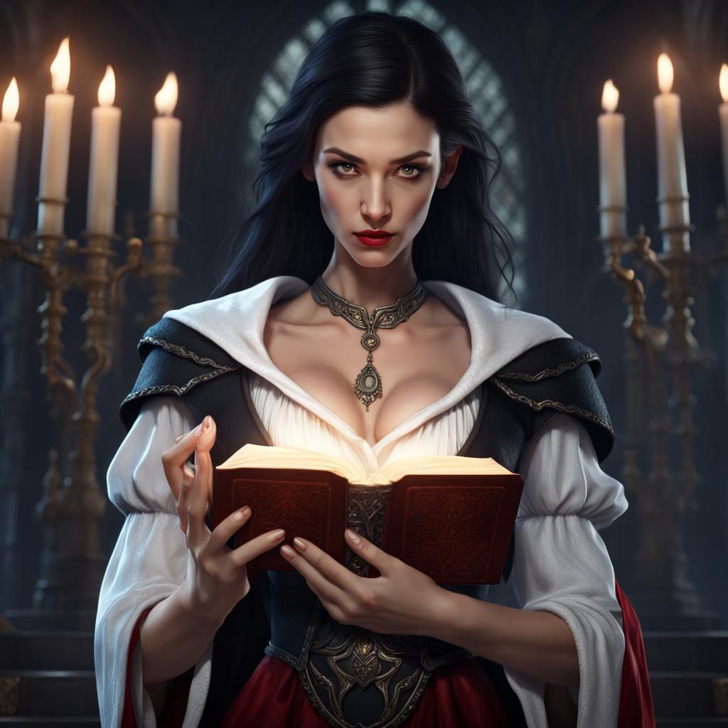 Elegant Half-Elf Wizard with Spell Book: Fantasy Art