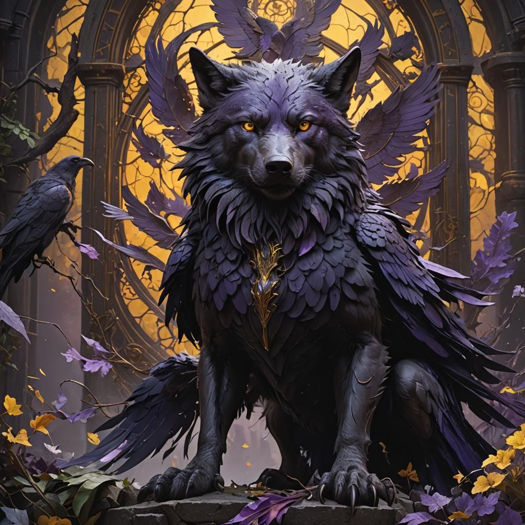 Dark Fantasy Wolf and Raven Artwork