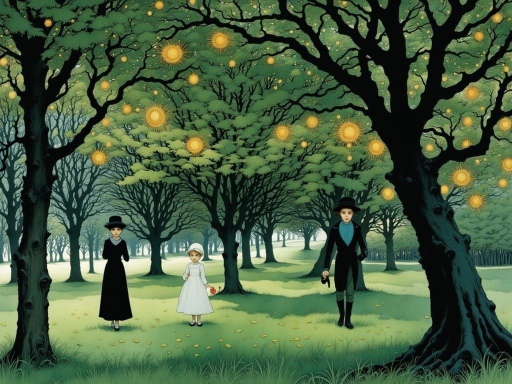 Ethereal Landscape of an Enchanted Orchard at Sunset