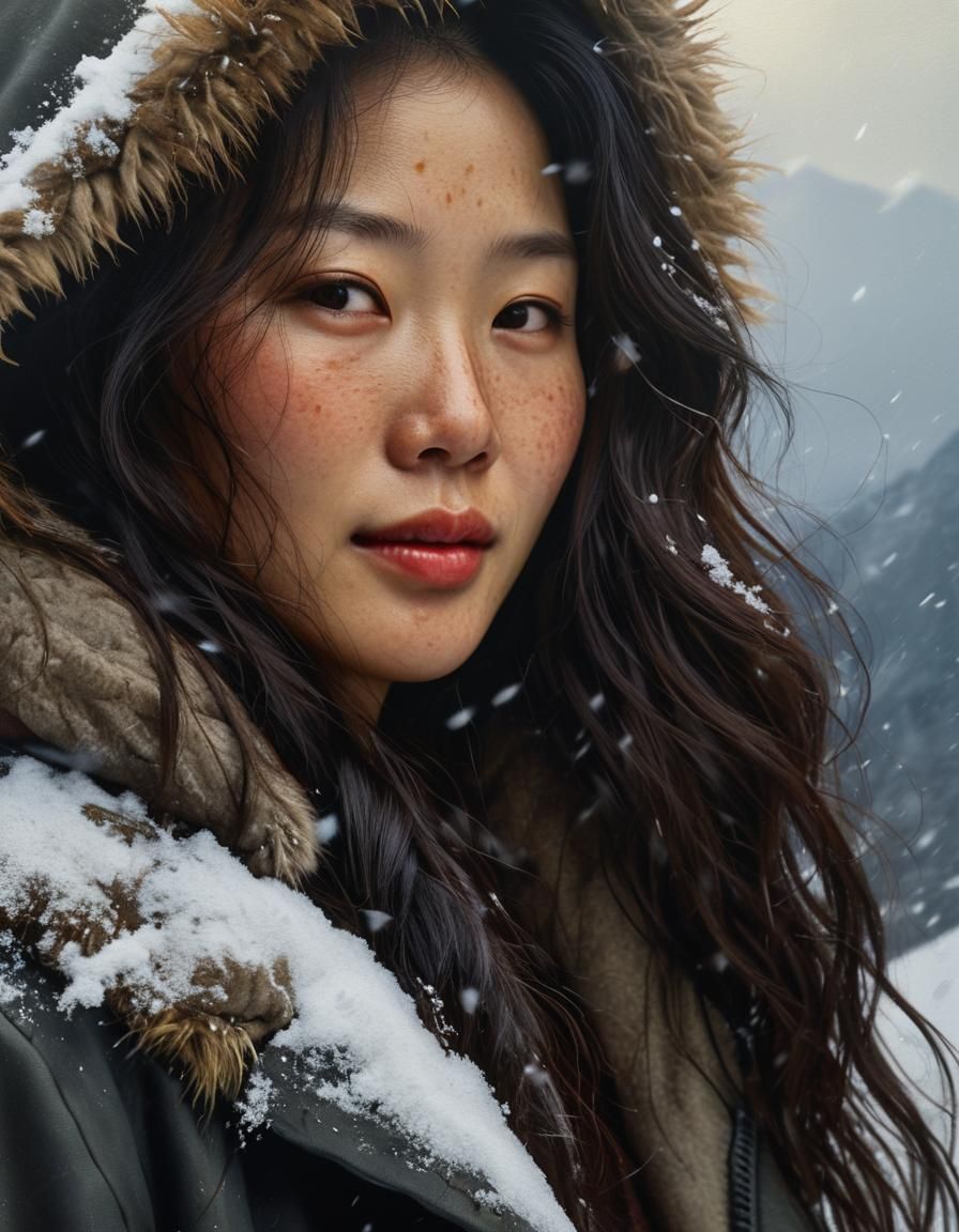 Korean Woman on Snowy Mountain in Chiaroscuro Oil