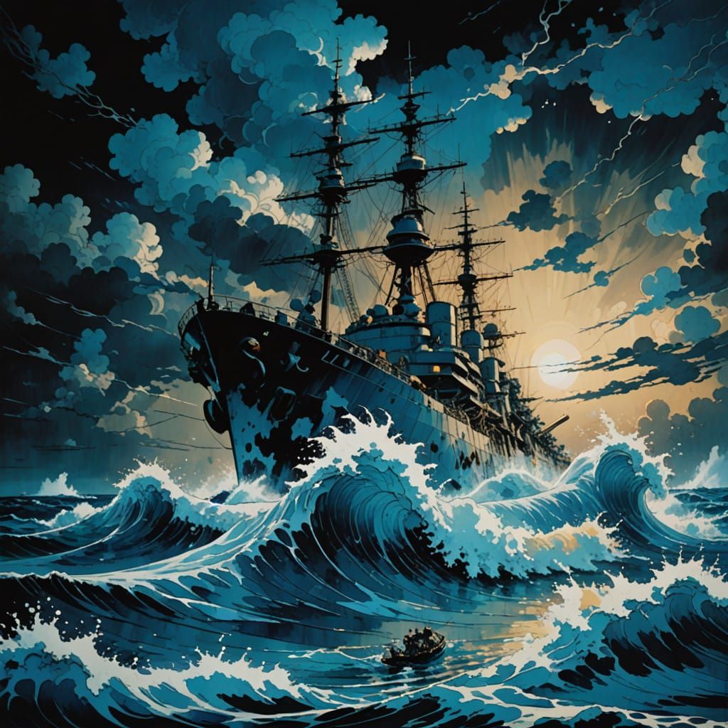Intense Sea Battle in Dynamic Action Painting Style