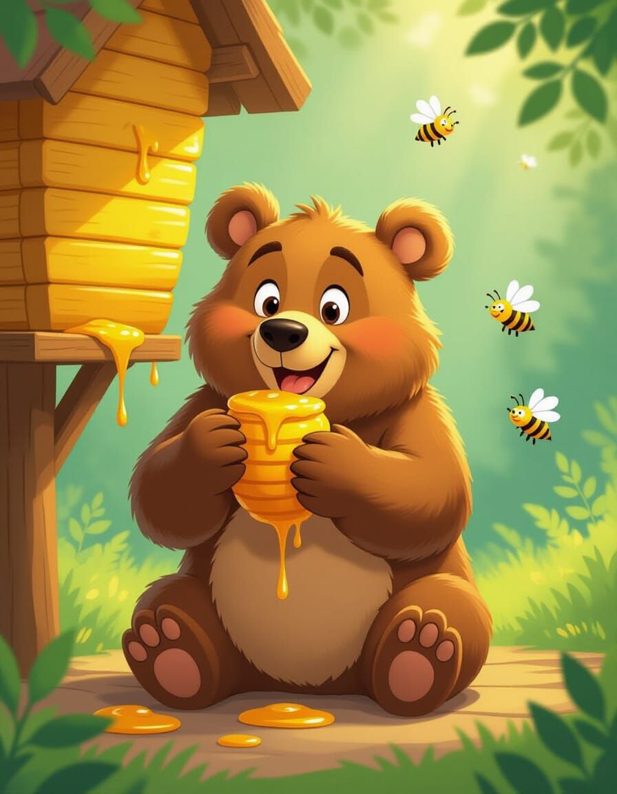 Fluffy Bear Enjoys Honey in Vibrant Cartoon Style