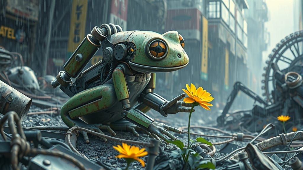 Green Robot Frog Finds Serenity in Post-Apocalyptic Ruins