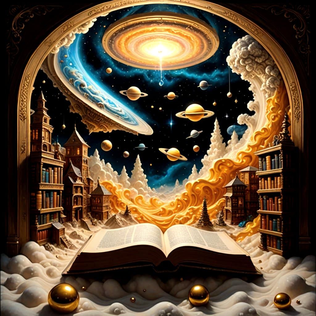 Giant Books as Portals to Alien Worlds in Cosmic Vortex