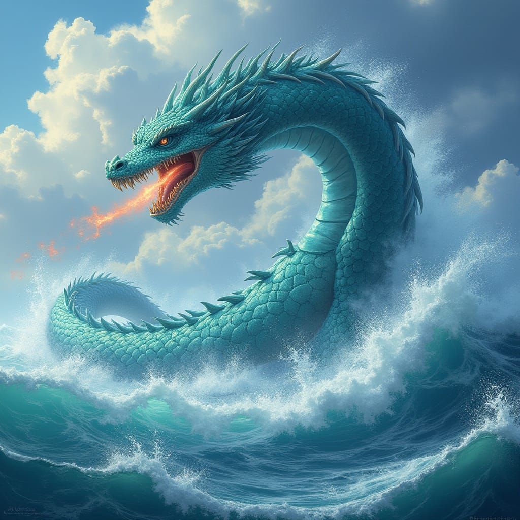 Majestic Water Dragon in Shimmering Turquoise and Indigo