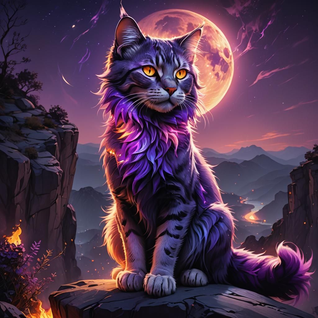 Glowing Cat with Purple Fire: Fantasy Concept Art