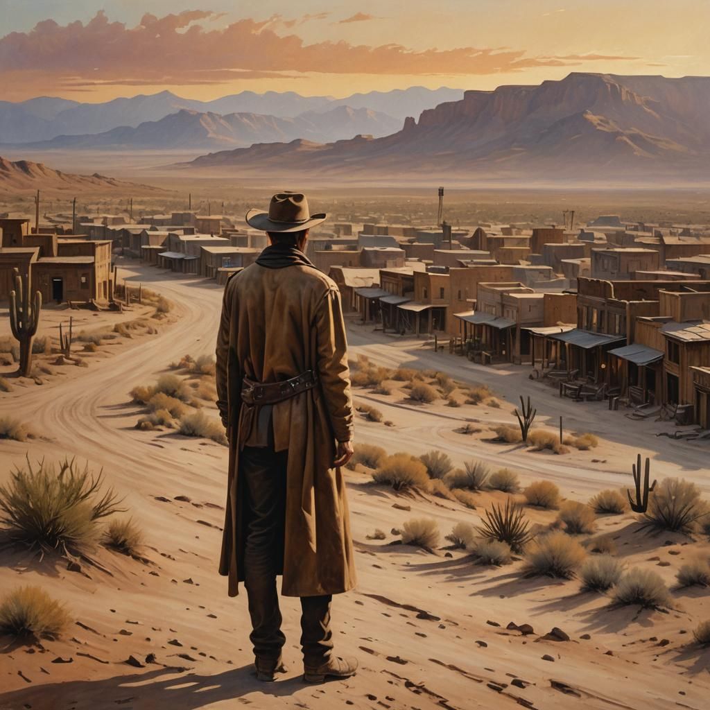 Western Outlaw in Desert Sunset, Cinematic Oil Painting