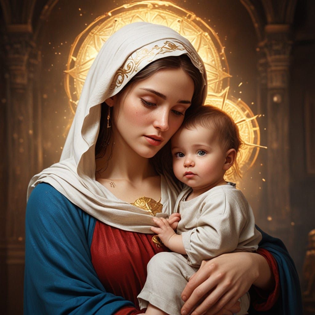 Mary Holding Baby Jesus in Vibrant Fantasy Landscape