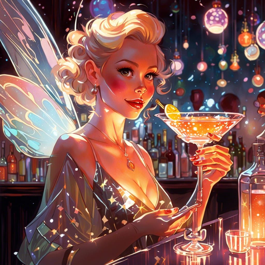 Bartender Fairy Serving Cocktails in Fantasy Bar