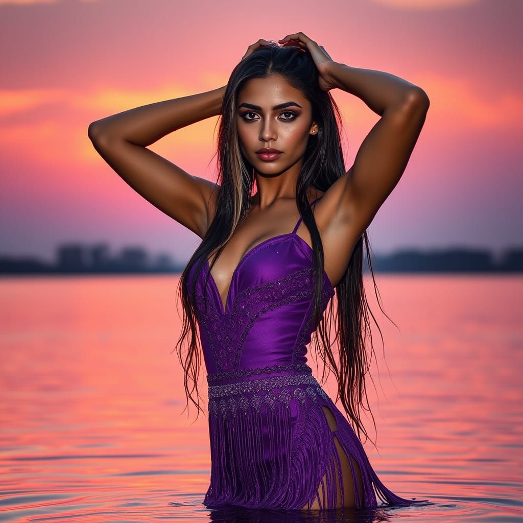Sunset Silhouette: Woman in Violet Dress by Lake