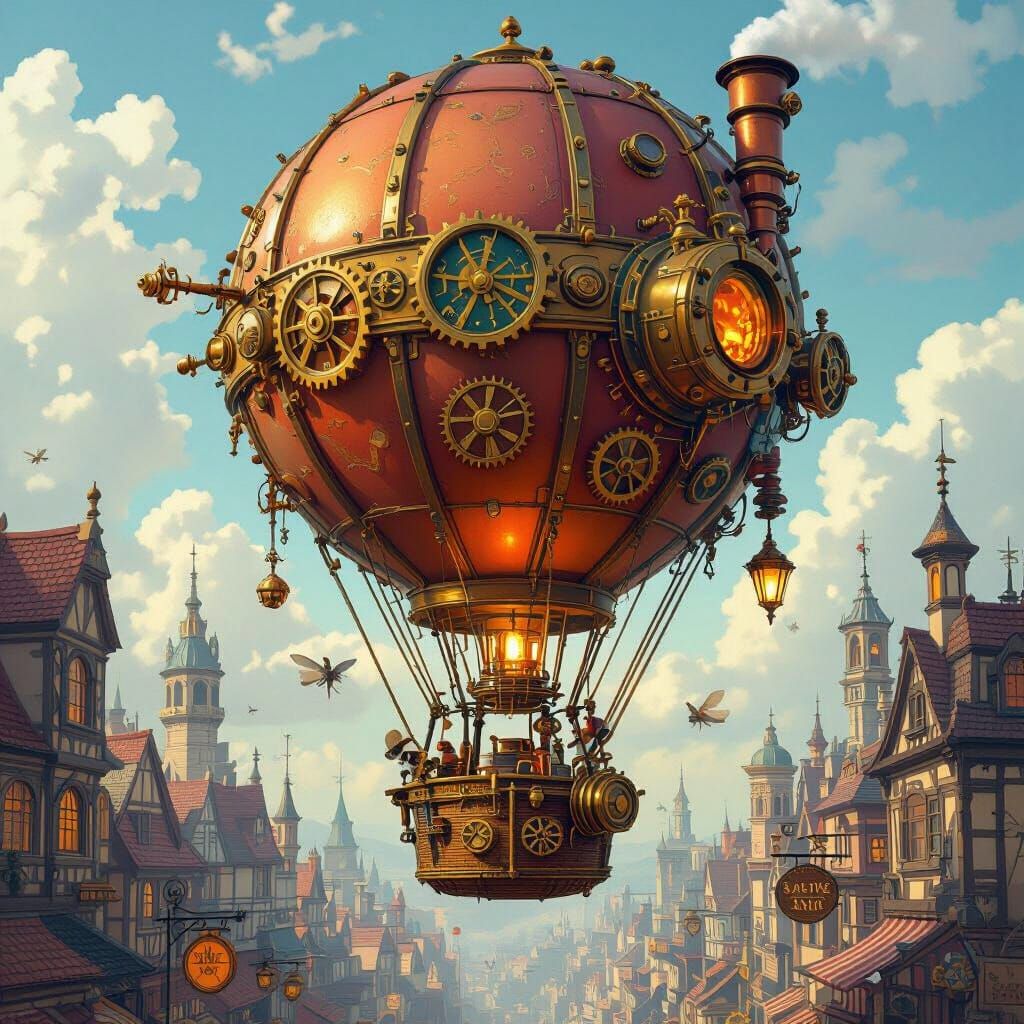 Steampunk Hot Air Balloon Over Medieval City