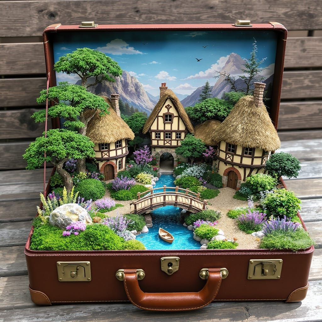 Fairy Garden Village Inside Vintage Suitcase