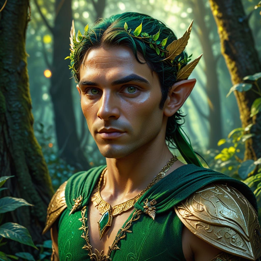 Latin Elf in Forest: Vibrant Oil Painting