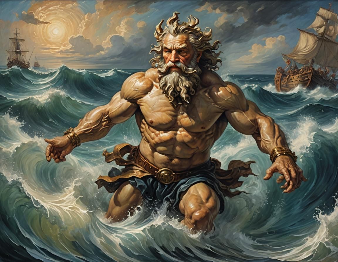 Neptune in Ocean, Baroque Oil Painting