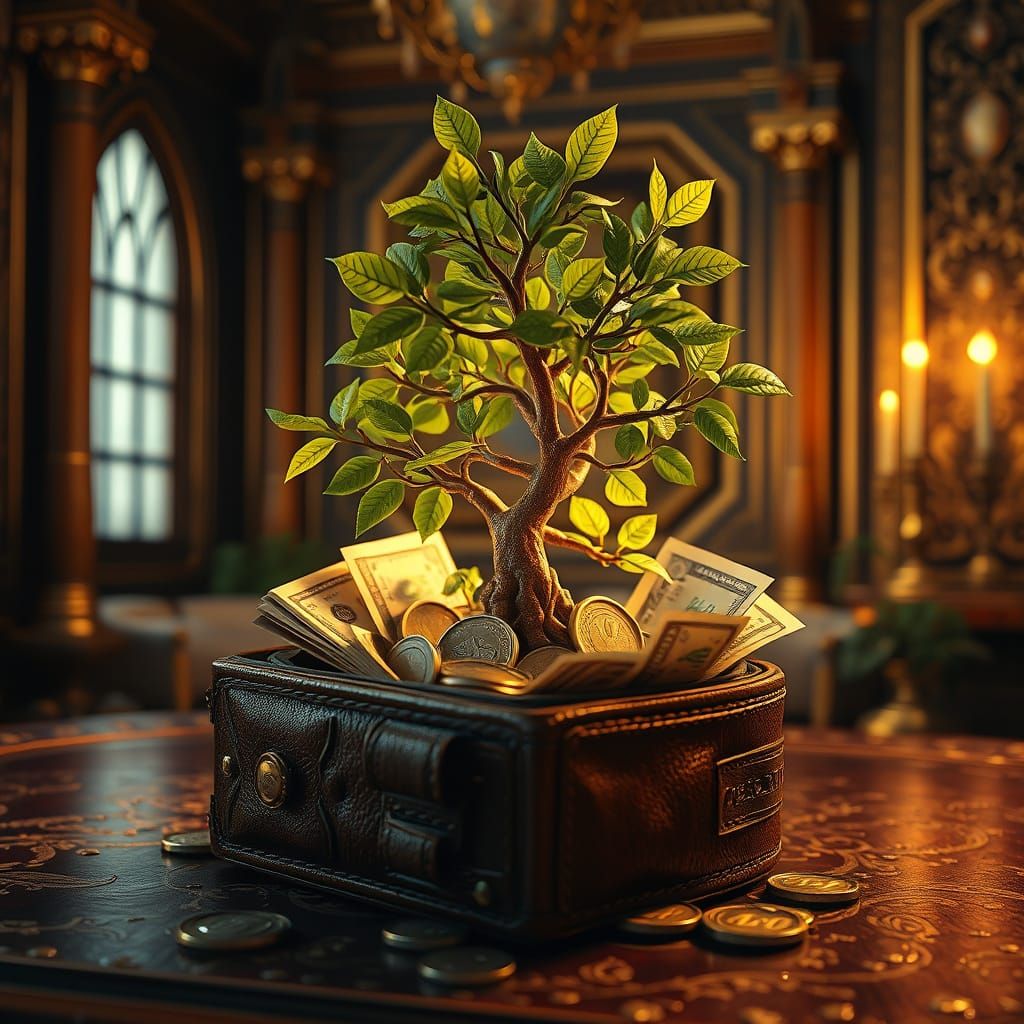 Money Tree Sprouting from Wallet: Matte Painting Style
