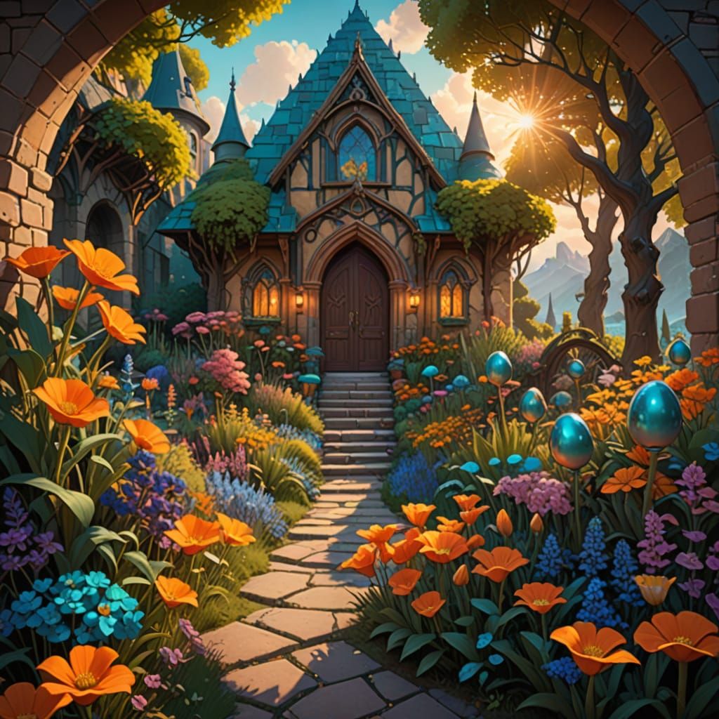 Exquisite Sunrise Garden with Gothic Archways and Mirror Glo...