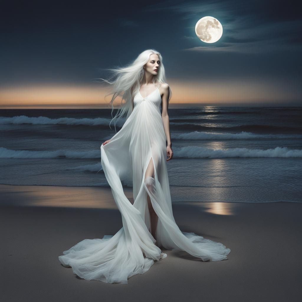 Woman in White Gown on Beach at Night