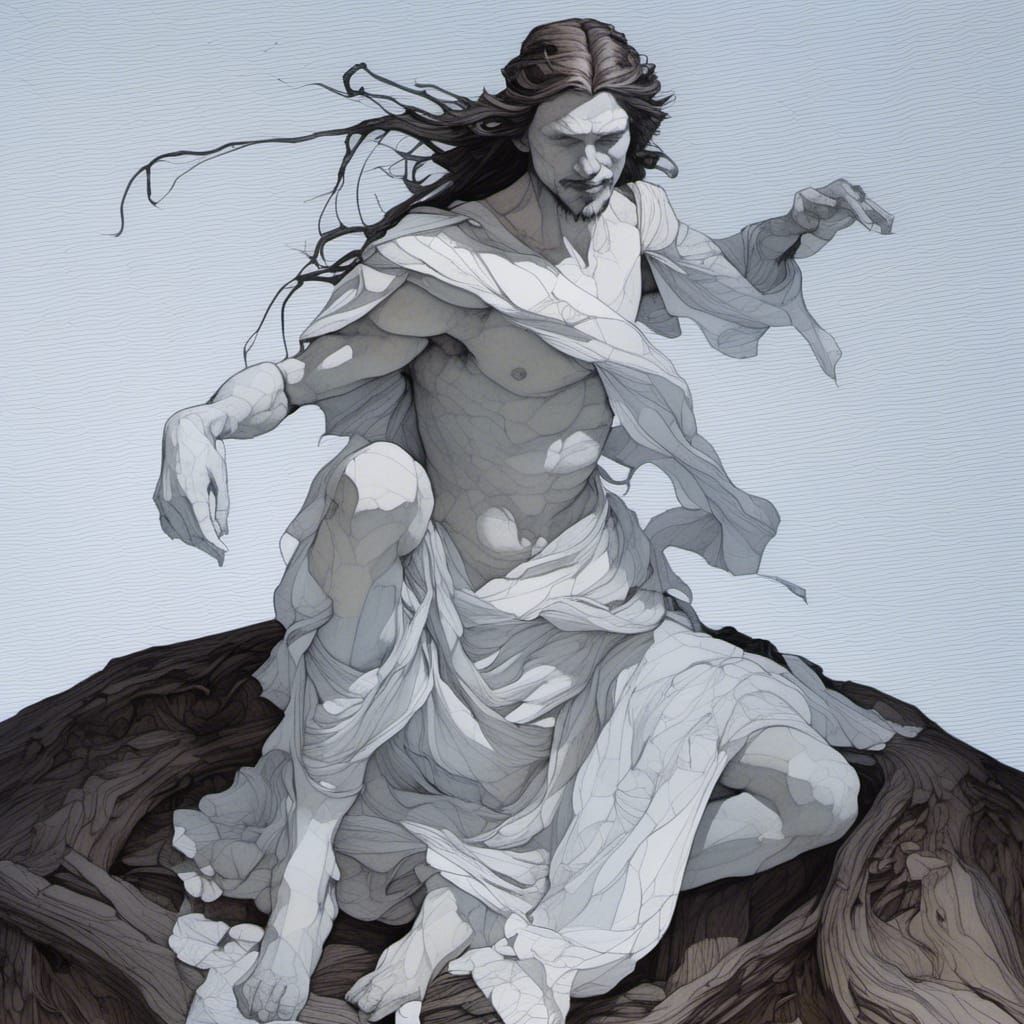 Smiling Man in Pointillist Woodcut Style