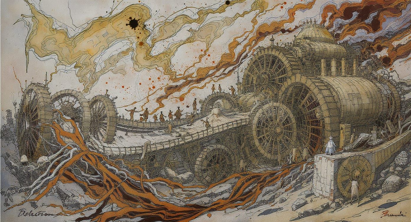 Steampunk Machine Engulfs Forest: Acrylic Ink and Charcoal A...