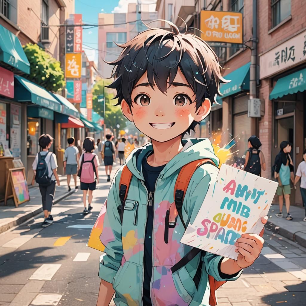 Cute Boy Holding Inspirational Sign in Anime Style