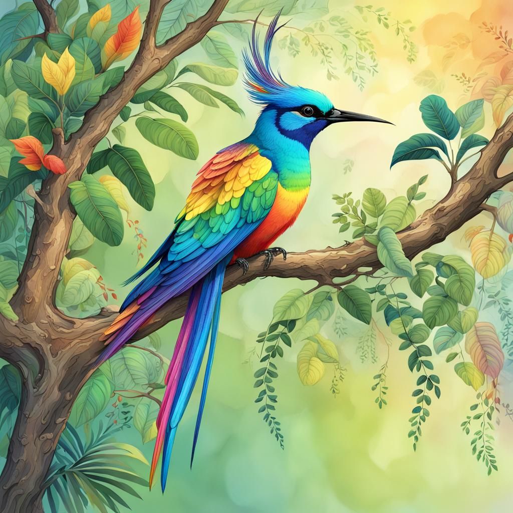 Exotic Rainbow Bird with Long Tail in Tree